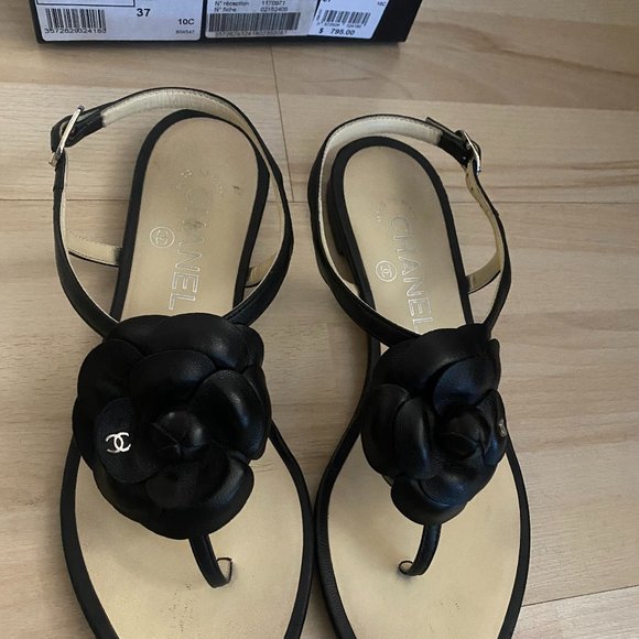 Chanel Black Leather Camellia Thong Flat Sandals Size 36 - Picture 2 of 6